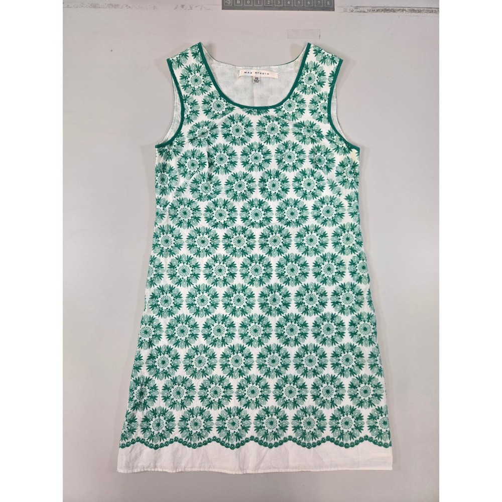 Max Studio Womens Green White Eyelet Floral Cotton Shift Dress XS 4904E59